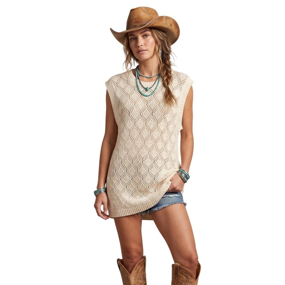 ART OF RHETORIC Cream Open-Knit Diamond Crochet Sweater Vest Tunic Top Large
